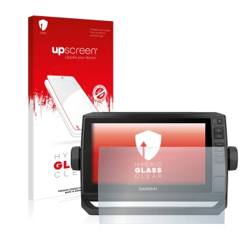 Front side of a product packaging with the brand logo upscreen. Next to it is the device Garmin ECHOMAP UHD 92sv shown with th