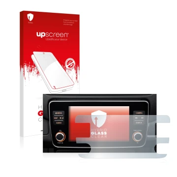 Front side of a product packaging with the brand logo upscreen. Next to it is the device Nissan Leaf E Plus Infotainment Syste