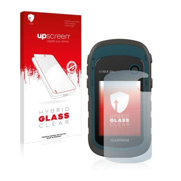 Front side of a product packaging with the brand logo upscreen. Next to it is the device Garmin eTrex 22x shown with the corre