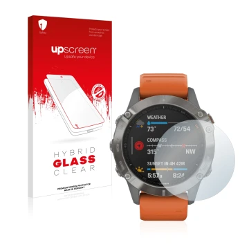Front side of a product packaging with the brand logo upscreen. Next to it is the device Garmin Fenix 6 shown with the corresp