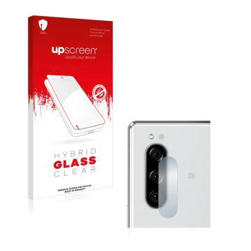 Front side of a product packaging with the brand logo upscreen. Next to it is the device Sony Xperia 5 (ONLY Camera Lens) show