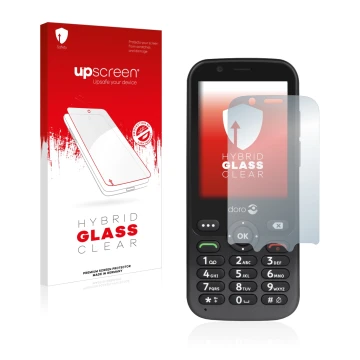 Front side of a product packaging with the brand logo upscreen. Next to it is the device Doro 7010 shown with the correspondin