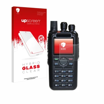 Front side of a product packaging with the brand logo upscreen. Next to it is the device AnyTone AT-D878UV Plus shown with the