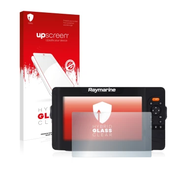 Front side of a product packaging with the brand logo upscreen. Next to it is the device Raymarine Element 9 HV shown with the