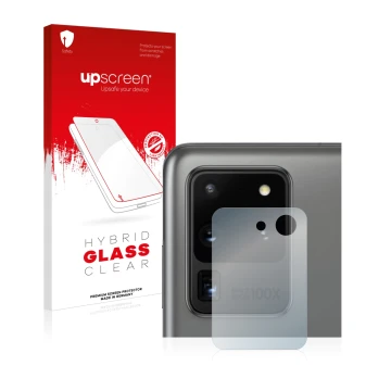 Front side of a product packaging with the brand logo upscreen. Next to it is the device Samsung Galaxy S20 Ultra (ONLY Camera