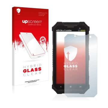 Front side of a product packaging with the brand logo upscreen. Next to it is the device SkyCaddie SX500 shown with the corres