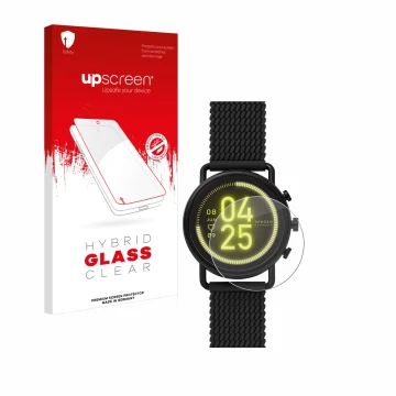Front side of a product packaging with the brand logo upscreen. Next to it is the device Skagen Smartwatch Falster 3 shown wit