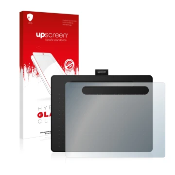 Front side of a product packaging with the brand logo upscreen. Next to it is the device Wacom Intuos M shown with the corresp
