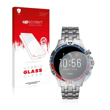 Front side of a product packaging with the brand logo upscreen. Next to it is the device Fossil Garrett HR (5. Gen) shown with
