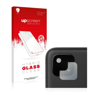 Front side of a product packaging with the brand logo upscreen. Next to it is the device Google Pixel 4a (ONLY Camera Lens) sh