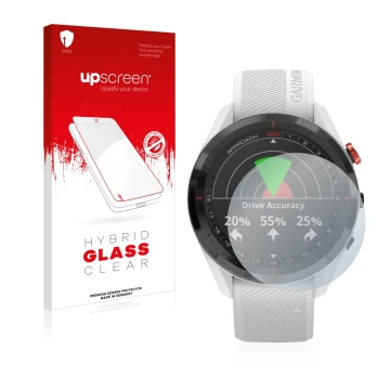 Front side of a product packaging with the brand logo upscreen. Next to it is the device Garmin Approach S62 shown with the co
