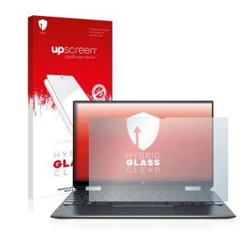 Front side of a product packaging with the brand logo upscreen. Next to it is the device HP Spectre x360 13-aw0000ns shown wit