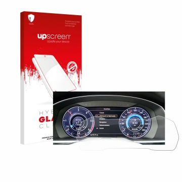 Front side of a product packaging with the brand logo upscreen. Next to it is the device Volkswagen Passat Active Info Cockpit