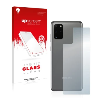 Front side of a product packaging with the brand logo upscreen. Next to it is the device Samsung Galaxy S20 Plus 5G (Back) sho