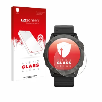 Front side of a product packaging with the brand logo upscreen. Next to it is the device Garmin Fenix 6X Pro Solar shown with 