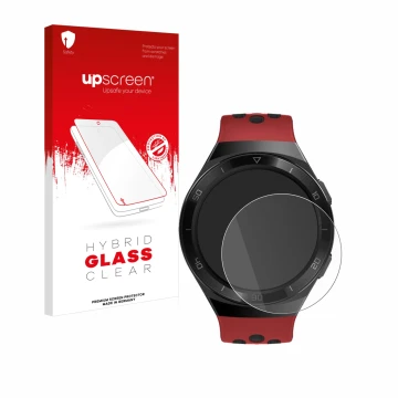 Front side of a product packaging with the brand logo upscreen. Next to it is the device Huawei Watch GT 2e shown with the cor