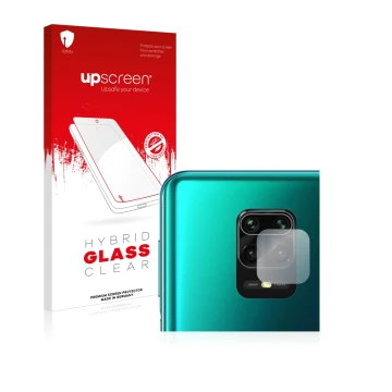 Front side of a product packaging with the brand logo upscreen. Next to it is the device Xiaomi Redmi Note 9S (ONLY Camera Len