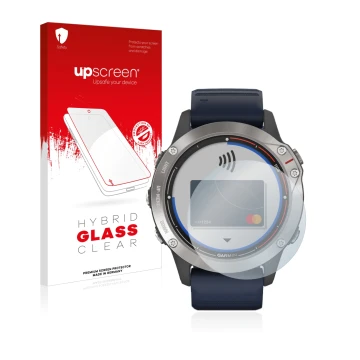 Front side of a product packaging with the brand logo upscreen. Next to it is the device Garmin quatix 6 shown with the corres