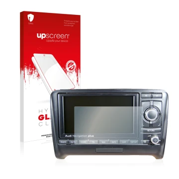 Front side of a product packaging with the brand logo upscreen. Next to it is the device Audi A3 8P 2004-2012 RNS-E shown with