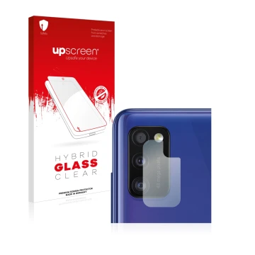 Front side of a product packaging with the brand logo upscreen. Next to it is the device Samsung Galaxy A41 (ONLY Camera Lens)
