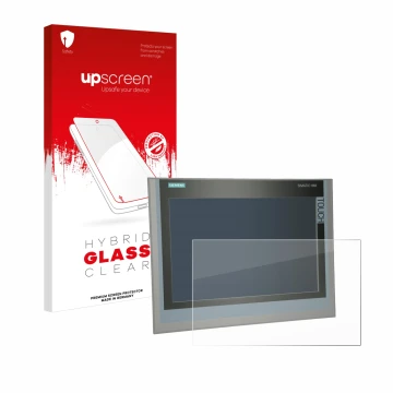 Front side of a product packaging with the brand logo upscreen. Next to it is the device Siemens Simatic HMI TP 1500 Comfort s