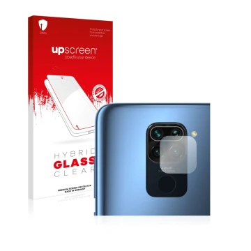 Front side of a product packaging with the brand logo upscreen. Next to it is the device Xiaomi Redmi Note 9 (ONLY Camera Lens