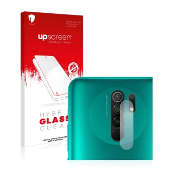 Front side of a product packaging with the brand logo upscreen. Next to it is the device Xiaomi Redmi 9 (ONLY Camera Lens) sho