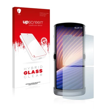 Front side of a product packaging with the brand logo upscreen. Next to it is the device Motorola Razr 5G 2020 shown with the 