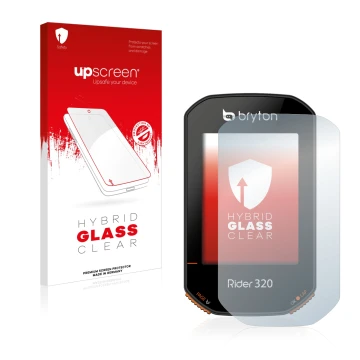 Front side of a product packaging with the brand logo upscreen. Next to it is the device Bryton Rider 320 shown with the corre