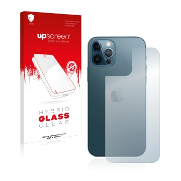 Front side of a product packaging with the brand logo upscreen. Next to it is the device Apple iPhone 12 Pro (Back) shown with