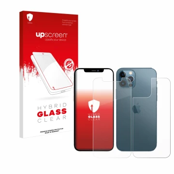 Front side of a product packaging with the brand logo upscreen. Next to it is the device Apple iPhone 12 Pro (Front+Back) show