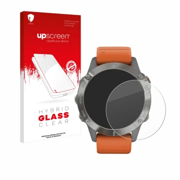 Front side of a product packaging with the brand logo upscreen. Next to it is the device Garmin Fenix 6 Pro Solar shown with t