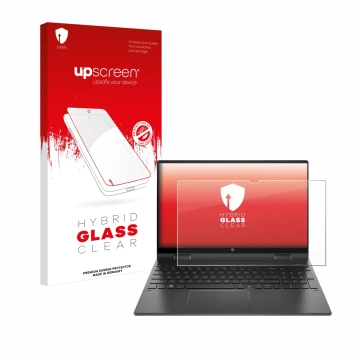 Front side of a product packaging with the brand logo upscreen. Next to it is the device HP Envy x360 (15-eX) (358 mm x 230 mm