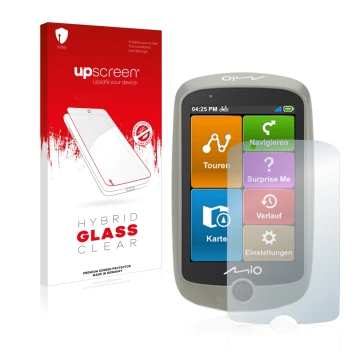 Front side of a product packaging with the brand logo upscreen. Next to it is the device Mitac Mio Cyclo Discover shown with t