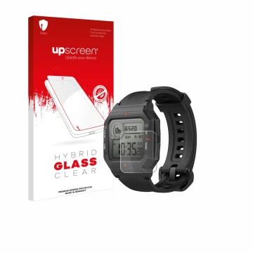Front side of a product packaging with the brand logo upscreen. Next to it is the device Huami Amazfit Neo shown with the corr