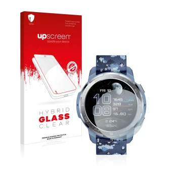 Front side of a product packaging with the brand logo upscreen. Next to it is the device Honor Watch GS Pro shown with the cor