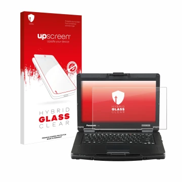 Front side of a product packaging with the brand logo upscreen. Next to it is the device Panasonic Toughbook FZ-55 Full HD sho