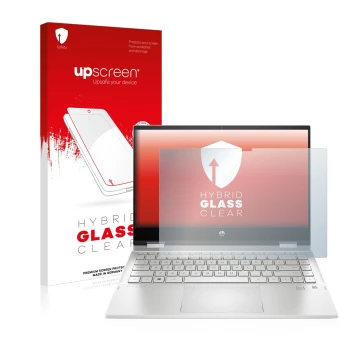 Front side of a product packaging with the brand logo upscreen. Next to it is the device HP Pavilion x360 (14-dwX) shown with 