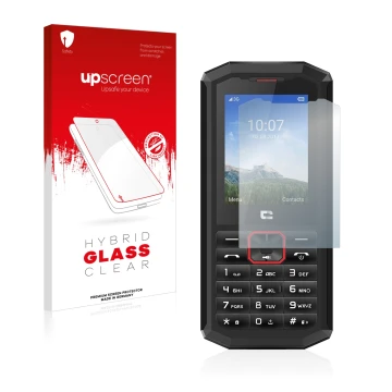 Front side of a product packaging with the brand logo upscreen. Next to it is the device Crosscall Spider X5 shown with the co