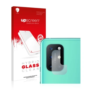 Front side of a product packaging with the brand logo upscreen. Next to it is the device OnePlus 8T (ONLY Camera Lens) shown w