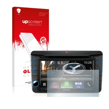 Front side of a product packaging with the brand logo upscreen. Next to it is the device Kenwood DNX518VDABS shown with the co