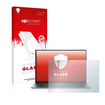 Front side of a product packaging with the brand logo upscreen. Next to it is the device Dell XPS 15 9500 shown with the corre
