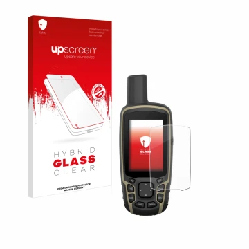 Front side of a product packaging with the brand logo upscreen. Next to it is the device Garmin GPSMAP 65 shown with the corre