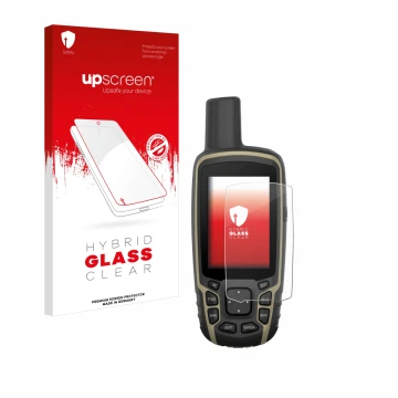 Front side of a product packaging with the brand logo upscreen. Next to it is the device Garmin GPSMAP 65s shown with the corr