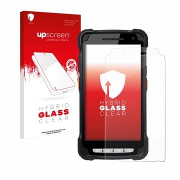 Front side of a product packaging with the brand logo upscreen. Next to it is the device Point Mobile PM90 shown with the corr