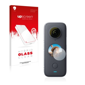 Front side of a product packaging with the brand logo upscreen. Next to it is the device Insta360 One X2 shown with the corres