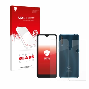 Front side of a product packaging with the brand logo upscreen. Next to it is the device Alcatel 1S 2020 (Front+Back) shown wi