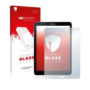 Front side of a product packaging with the brand logo upscreen. Next to it is the device Samsung Galaxy Tab S3 shown with the 