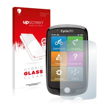 Front side of a product packaging with the brand logo upscreen. Next to it is the device Mio Cyclo 210 shown with the correspo