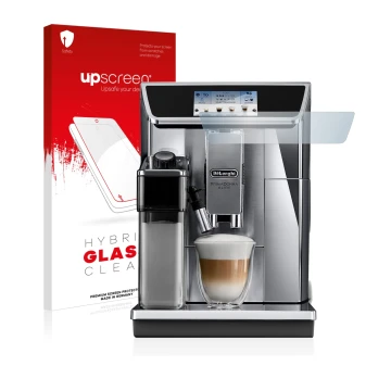 Front side of a product packaging with the brand logo upscreen. Next to it is the device DeLonghi PrimaDonna Elite Experience 